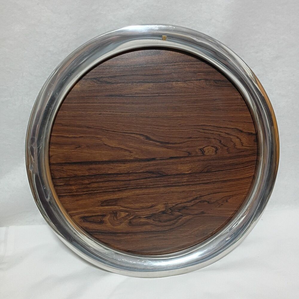 Kirk Stieff MCM Serving Tray 18" Round Silver And Wood Formica
